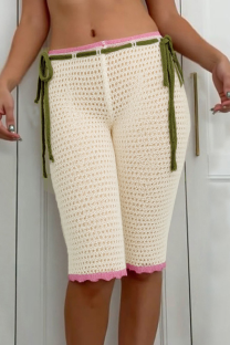 White Casual Solid Color Draw String Regular Low Waist Conventional Patchwork Bottoms