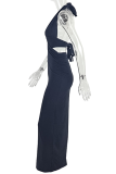Black Sexy Solid Color Hollow Out Deep V Neck Long Dresses