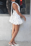 White Sexy Polka Dot Patchwork Halter Wrapped Skirt Dresses