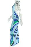Blue Elegant Print Backless Halter Long Dresses