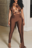Black Sexy Solid Color Hollow Out Asymmetrical Collar Skinny Jumpsuits