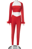 Red Sexy Solid Color Feathers Strapless Long Sleeve Three Pieces