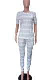 Grey Casual Letters Patchwork O Neck Short Sleeve Two Pieces