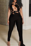 Black Sexy Solid Color Hollow Out Asymmetrical Collar Skinny Jumpsuits