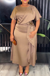 Brown Elegant Solid Color Strap Design O Neck Long Plus Size Dresses