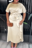 Brown Elegant Solid Color Strap Design O Neck Long Plus Size Dresses
