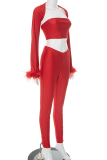 Red Sexy Solid Color Feathers Strapless Long Sleeve Three Pieces