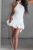 White Sexy Polka Dot Patchwork Halter Wrapped Skirt Dresses