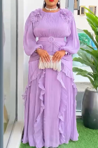 Light Purple Elegant Solid Color With Belt Flounce Flower Shape O Neck Long Plus Size Dresses