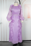 Light Green Elegant Solid Color With Belt Flounce Flower Shape O Neck Long Plus Size Dresses