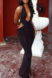 Black Sexy Solid Color Hollow Out Deep V Neck Long Dresses