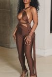 Black Sexy Solid Color Hollow Out Asymmetrical Collar Skinny Jumpsuits