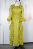 Light Green Elegant Solid Color With Belt Flounce Flower Shape O Neck Long Plus Size Dresses