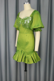 Green Elegant Solid Color Sequins Flounce Asymmetrical Collar Wrapped Skirt Dresses