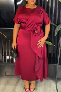 Burgundy Elegant Solid Color Strap Design O Neck Long Plus Size Dresses