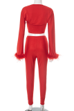 Red Sexy Solid Color Feathers Strapless Long Sleeve Three Pieces