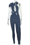Black Sexy Solid Color Hollow Out Asymmetrical Collar Skinny Jumpsuits