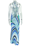 Blue Elegant Print Backless Halter Long Dresses