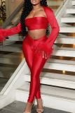 Red Sexy Solid Color Feathers Strapless Long Sleeve Three Pieces