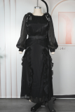 Light Green Elegant Solid Color With Belt Flounce Flower Shape O Neck Long Plus Size Dresses