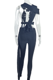 Black Sexy Solid Color Hollow Out Asymmetrical Collar Skinny Jumpsuits