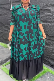 Green Elegant Print Patchwork O Neck Long Dresses