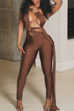 Black Sexy Solid Color Hollow Out Asymmetrical Collar Skinny Jumpsuits