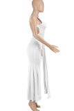 White Sexy Solid Color Backless O Neck Long Dresses