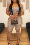Leopard Print Sexy Leopard Print Patchwork Off Shoulder Short Sleeve Two Pieces