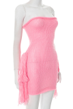 Pink Sexy Solid Color Fringed Trim Strapless Wrapped Skirt Dresses