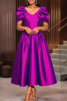 Purple Elegant Solid Color Ruched V Neck Evening Dresses
