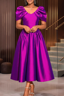 Purple Elegant Solid Color Ruched V Neck Evening Dresses
