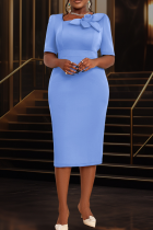 Baby Blue Elegant Solid Color Flower Shape Asymmetrical Collar Evening Dresses