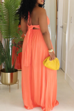 Tangerine Red Casual Solid Color Backless Strap Design Spaghetti Strap Long Dresses
