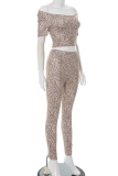Leopard Print Sexy Leopard Print Patchwork Off Shoulder Short Sleeve Two Pieces