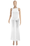 White Sexy Solid Color Backless O Neck Long Dresses