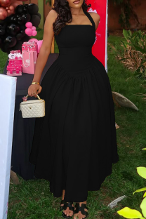 Black Elegant Solid Color Backless Halter Long Dresses