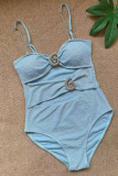 Light Blue Sexy Solid Color Hollow Out Metal Accessories Trim Swimwears