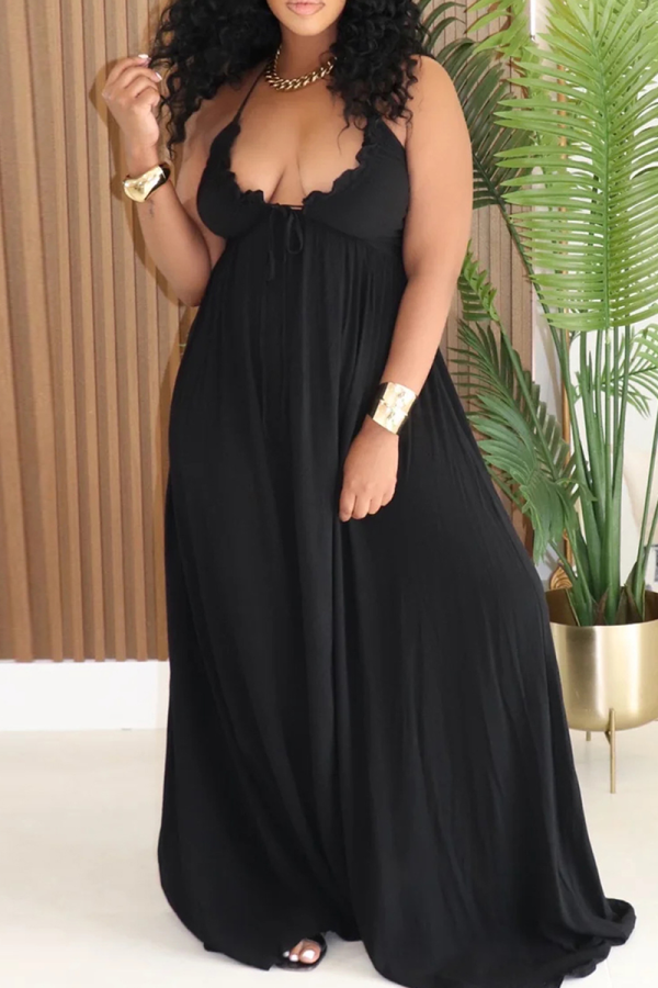 Black Casual Solid Color Backless Strap Design Spaghetti Strap Long Dresses