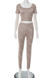 Leopard Print Sexy Leopard Print Patchwork Off Shoulder Short Sleeve Two Pieces