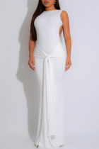 White Sexy Solid Color Backless O Neck Long Dresses