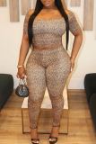 Leopard Print Sexy Leopard Print Patchwork Off Shoulder Short Sleeve Two Pieces