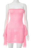 Pink Sexy Solid Color Fringed Trim Strapless Wrapped Skirt Dresses