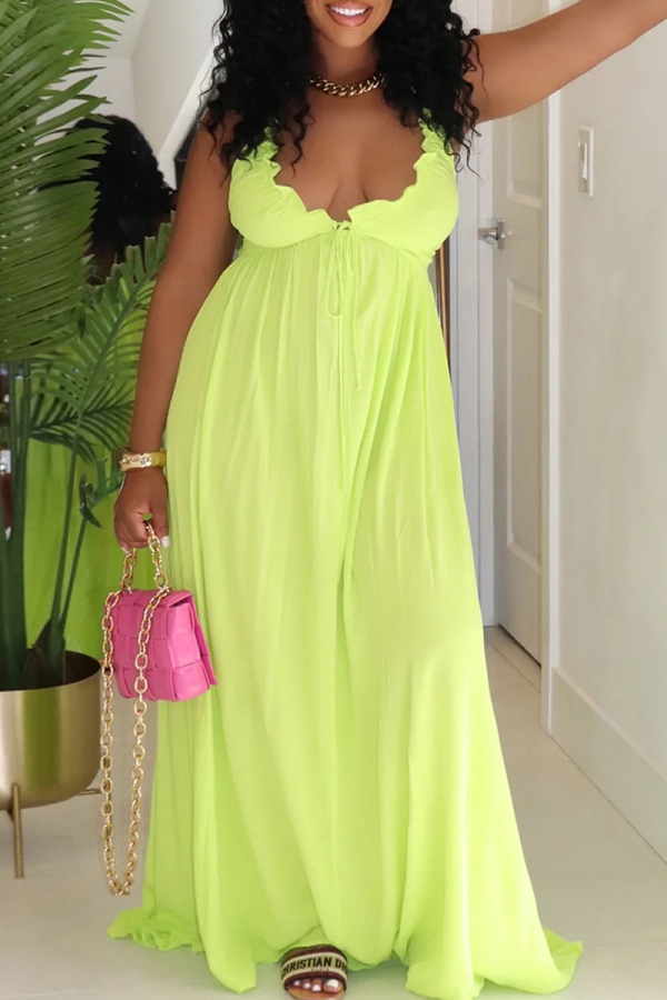 Green Yellow Casual Solid Color Backless Strap Design Spaghetti Strap Long Dresses