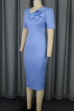 Baby Blue Elegant Solid Color Flower Shape Asymmetrical Collar Evening Dresses
