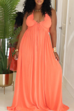 Tangerine Red Casual Solid Color Backless Strap Design Spaghetti Strap Long Dresses