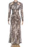 Khaki Sexy Print Hollow Out O Neck Long Dresses