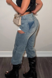 Light Blue Street Solid Color Hollow Out Mid Waist Regular Denim Jeans