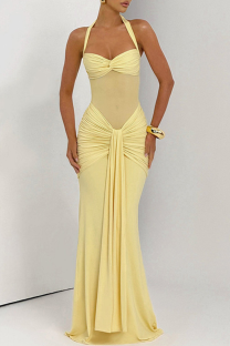 Yellow Sexy Solid Color Backless Halter Long Dresses