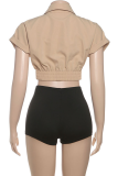Khaki Casual Solid Color Buckle Turndown Collar Short Sleeve Two Pieces